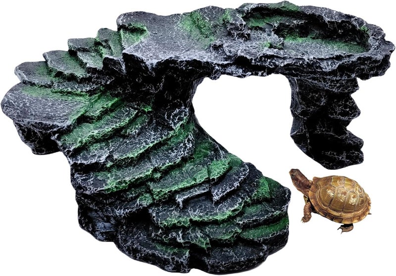 M2cbridge Reptile Hide Resting Step Ledge Cave Hideout Turtle Basking Platform – Great for Reptiles, Amphibians, and Fish (Black Step Ledge) - Image 1